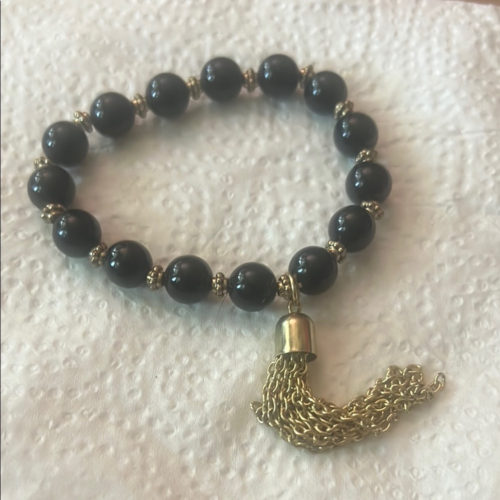 Black Beaded Bracelet with Gold Tassel